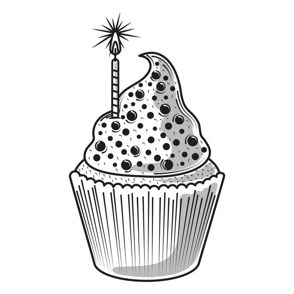 Happy birthday cupcake with candle celebration party, engraving style — Stok Vektör