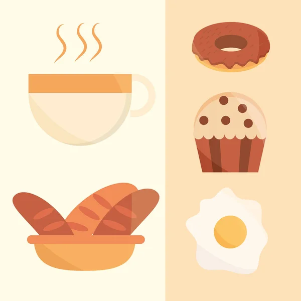 Desayuno pan cupcake frito huevo café menú de alimentos en dibujos animados iconos planos conjunto — Vector de stock