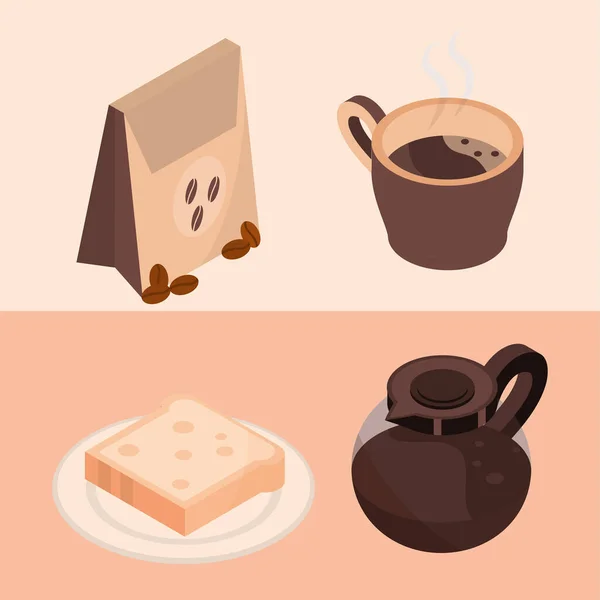 Kaffe bryggning paket gryta bröd isometriska ikoner — Stock vektor