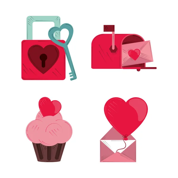 Valentines day, icons collection padlock key cupcake and envelope romantic design — Stock Vector