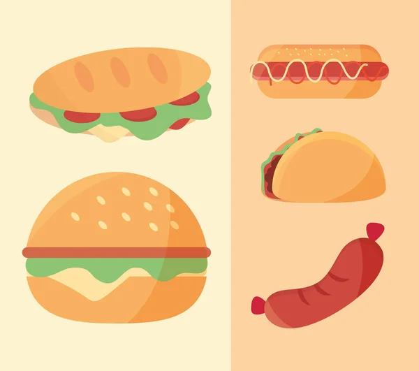 Fast food, burger hot dog sausage and taco menu in cartoon flat icons set — Vetor de Stock