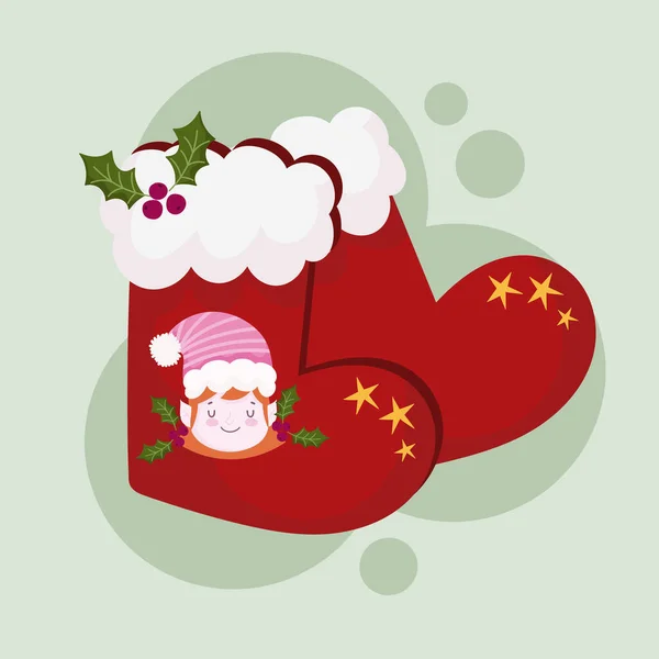 Merry christmas, cute socks with helper cartoon and holly berry decoration — Stockový vektor