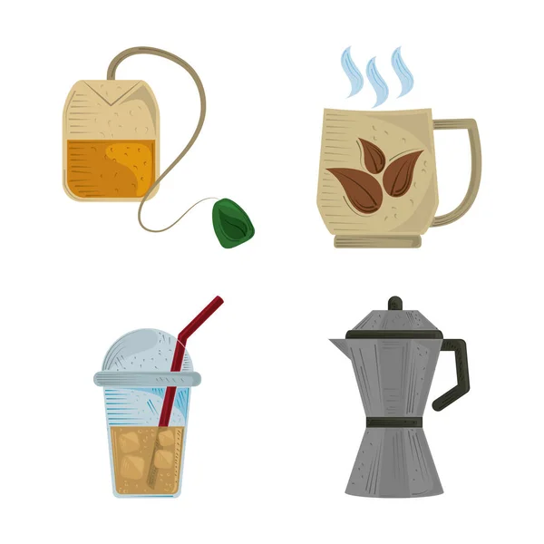 Tea fresh hot beverage kettle and disposable cup icons — Stock Vector