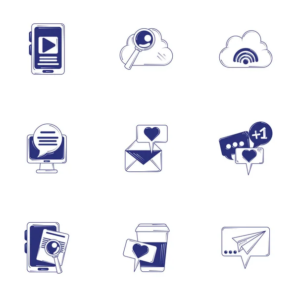 Social media, icons set of smartphone app email message internet blue line fill style — Vector de stock