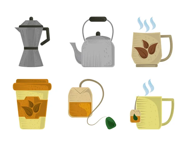 Set icons of tea cups pots organic herbs and teabag — Stock Vector