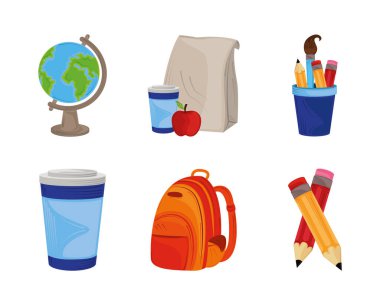 back to school, icons set with backpack globe pencils and lunch education