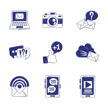 social media, email photo internet mobile blue line fill style icons