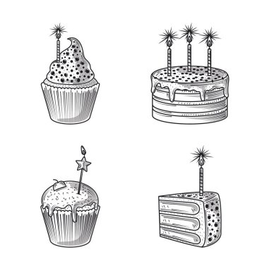 happy birthday, icons cake cupcake and candles party, engraving style