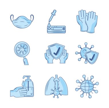 covid 19 koronavirüs araştırması ve önleme ikonları mavi ayarlandı