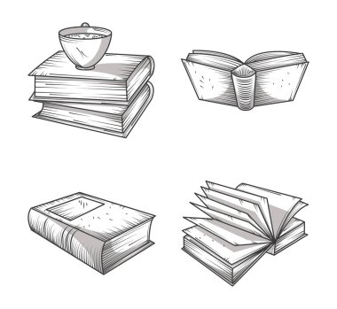 book icon set, bookstore, simple reading concept engraving style