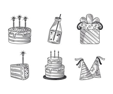 Mumlu doğum günü pastası, şapka ve hediye kutlama partisi, gravür stili.