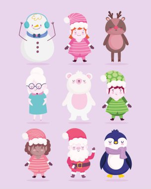 Mutlu noel süslemeleri çizgi film karakteri Noel Baba yardımcı kardan adam ayı pengueni