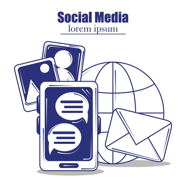 Social media, world smartphone email photos blue line fill style — стоковый вектор