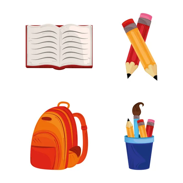 Back to school, open book backpack and pencils education — стоковый вектор