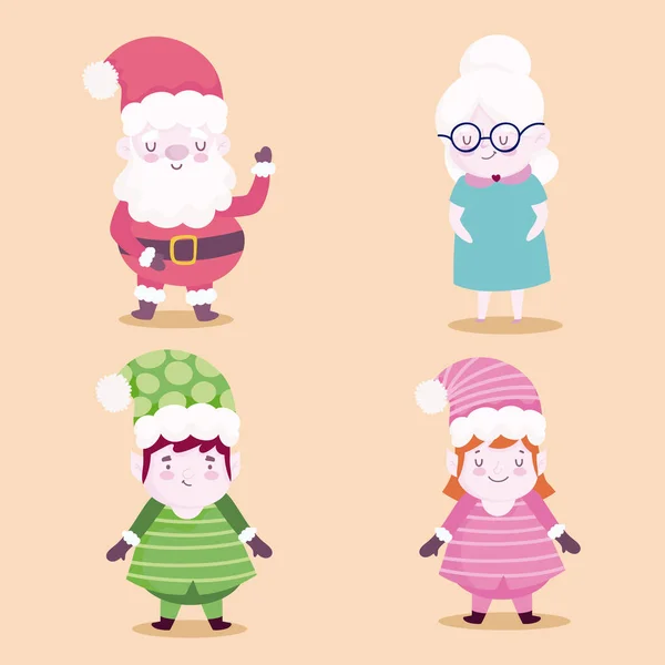 Merry christmas, mr, mrs claus and helpers characters icons design — стоковый вектор