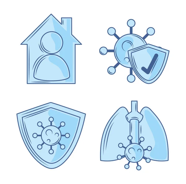 Covid 19 koronavírus vizsgálat marad otthon védelem betegség légzőszervi ikonok kék — Stock Vector