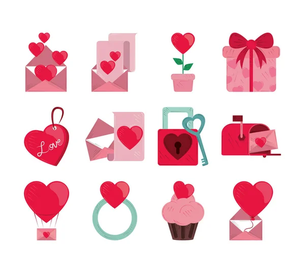 Valentines day, icons set with envelope message heart love ring romantic design — стоковый вектор