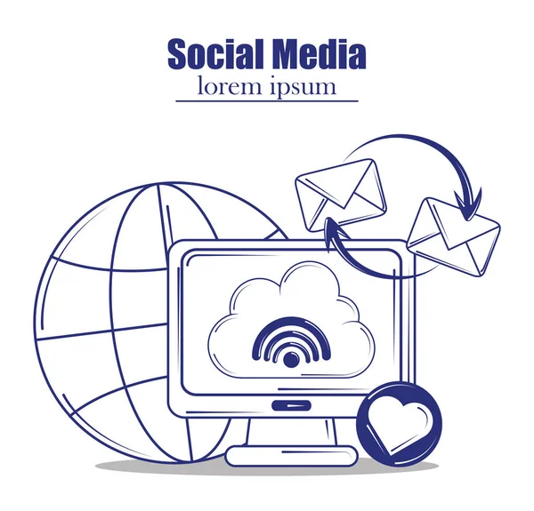 Social media, world computer wifi email blue line fill style — стоковый вектор