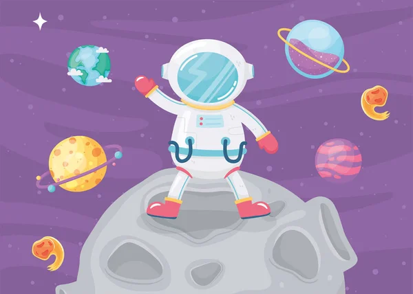 Astronauta de dibujos animados aventura espacial de pie en la luna — Archivo Imágenes Vectoriales