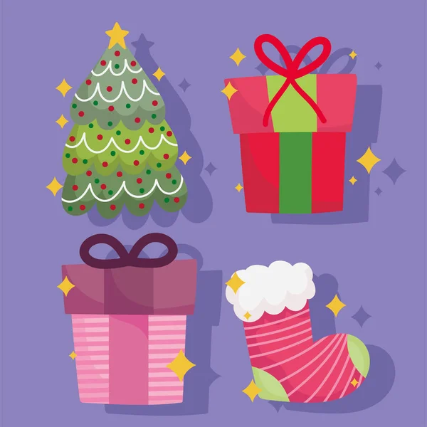 Feliz árbol de Navidad regalos y decoración de calcetines e iconos de celebración conjunto — Vector de stock