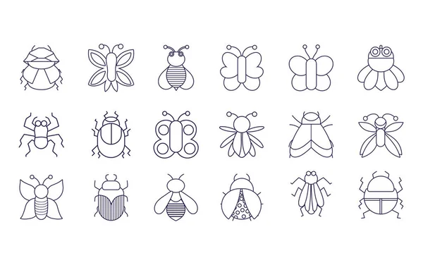 Simpatici insetti animali piccola fauna in linea sottile icone — Vettoriale Stock