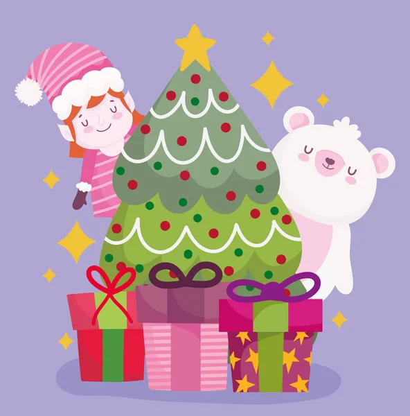 Joyeux Noël ours assistant arbre et cadeaux décoration et célébration — Image vectorielle