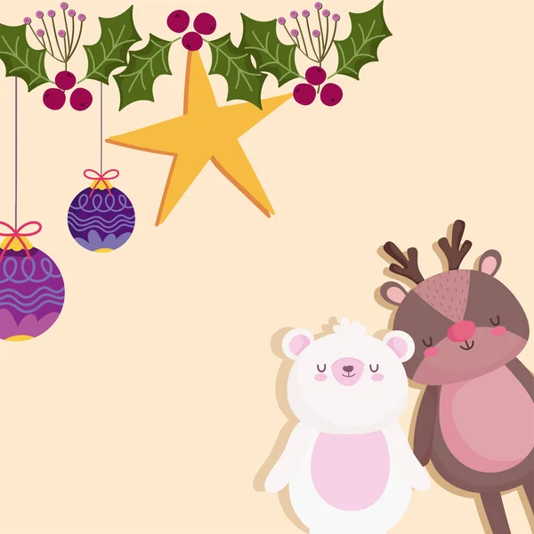 Merry christmas, polar bear and reindeer star and balls decoration — Stockvektor