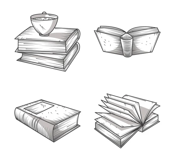 Book icon set, bookstore, simple reading concept engraving style — стоковый вектор