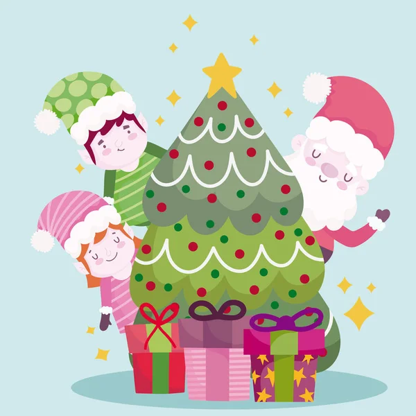 Frohe Weihnachten, niedlicher Weihnachtsbaum und Geschenkideen — Stockvektor