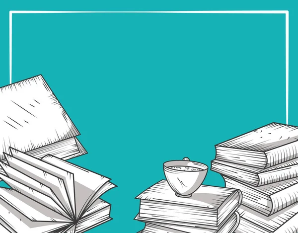 Libros pila y taza de café aprendizaje estudio y el estilo de grabado de conocimiento — Vector de stock