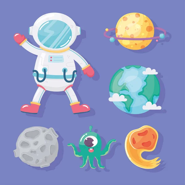 Astronauta planeta cometa Terra lua e alienígena galáxia espacial em estilo cartoon — Vetor de Stock