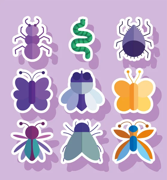 Raccolta insetti naturale animale cartone animato in stile adesivi — Vettoriale Stock