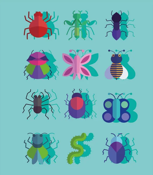 Serie di insetti o insetti diversi piccoli animali con stile ombra — Vettoriale Stock
