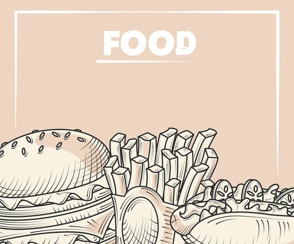 Hambúrguer menu de alimentos batatas fritas e cachorro-quente mão cartaz desenhado —  Vetores de Stock