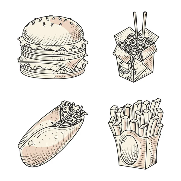 Fast food burger sandwich and burrito snacks hand drawn icons — Stock Vector
