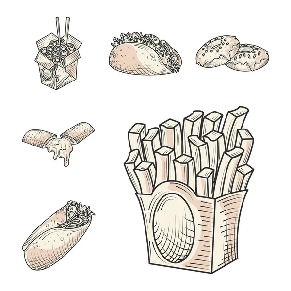 Comida y bocadillos iconos dibujados a mano set papas fritas pan taco burrito y rosquillas — Vector de stock