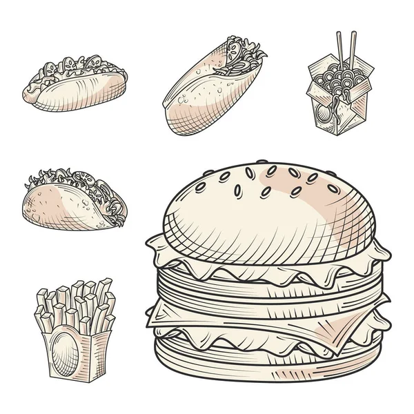 Nourriture et collations icônes dessinées à la main nouilles hamburger frites taco — Image vectorielle