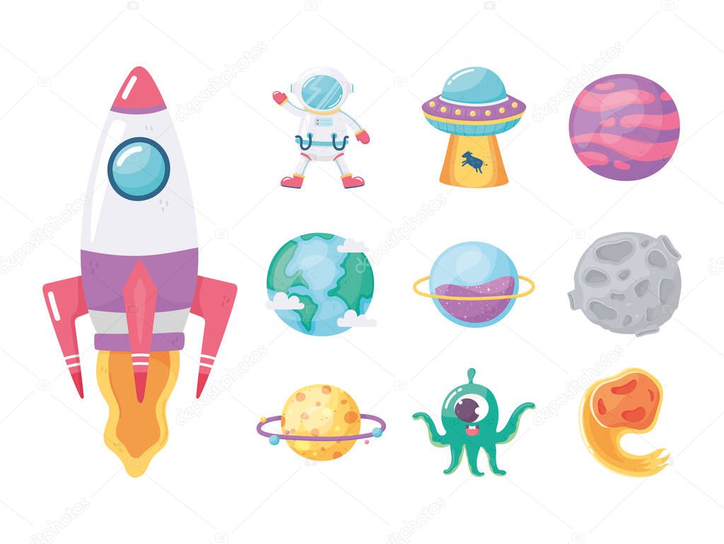 space galaxy astronomy cartoon icons set spaceship astronaut comet ufo planet and alien