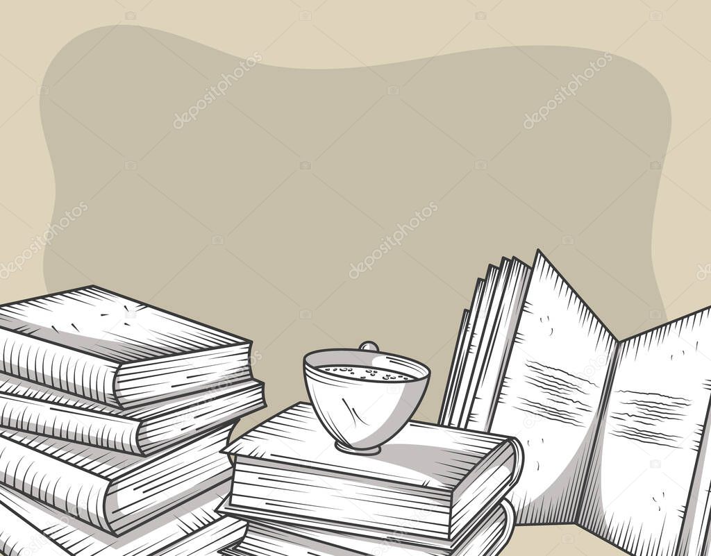books in stack with coffee cup encyclopedia and literature engraving style