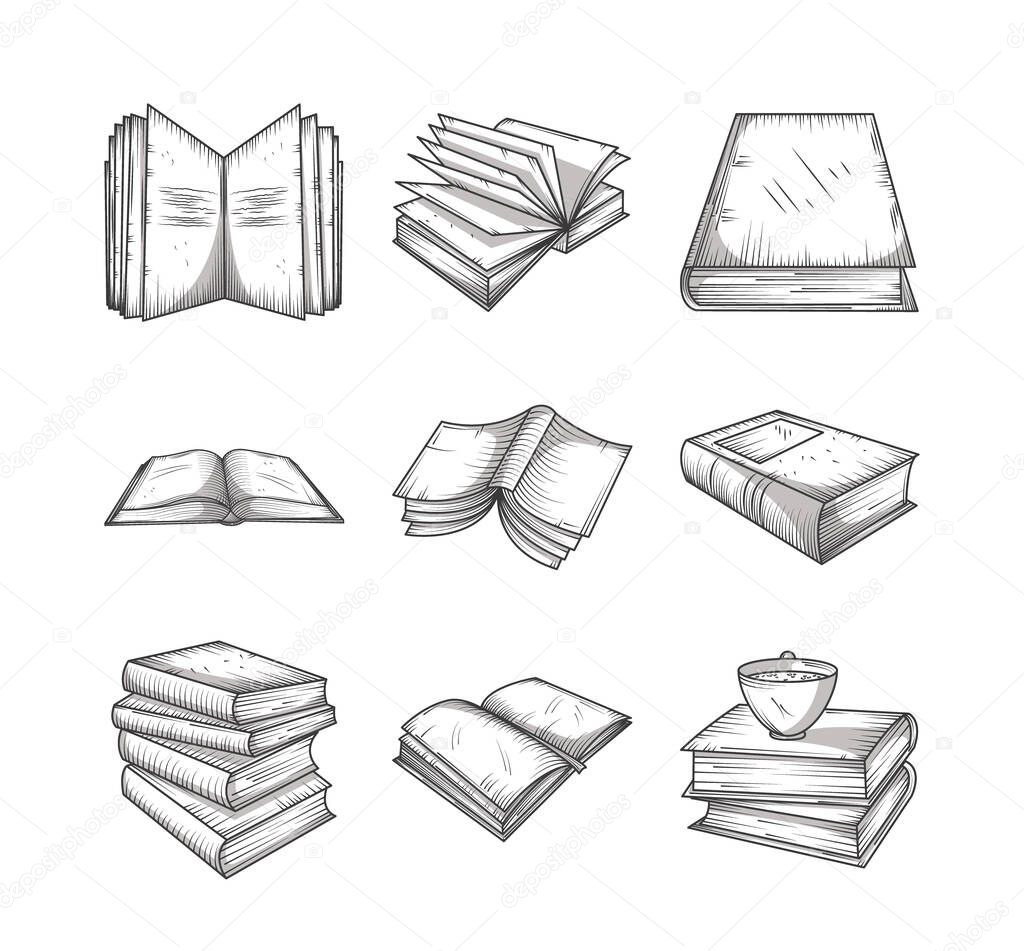 set icons different books open cover literature theme engraving style