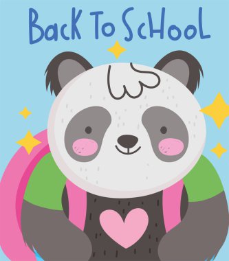 Okula dönüş, sırt çantalı panda ve el yazısıyla yazılmış çizgi film.