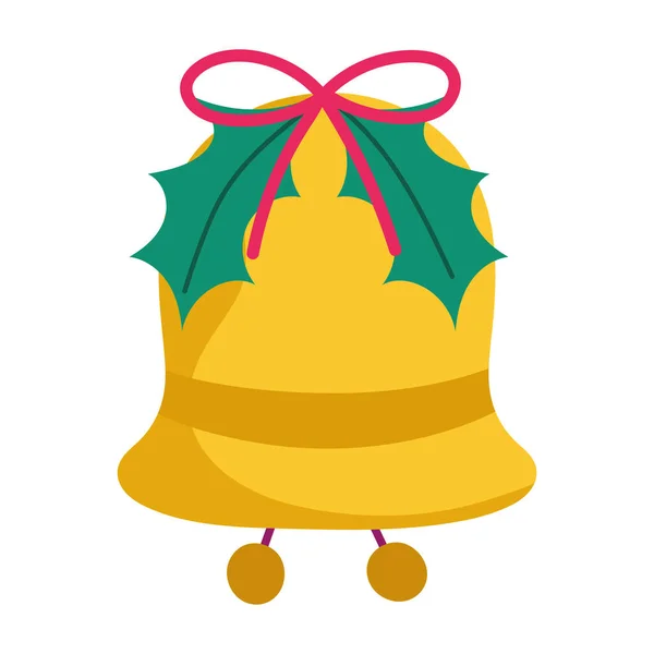 Campana de Navidad feliz con la decoración de las hojas y el icono de la celebración — Vector de stock