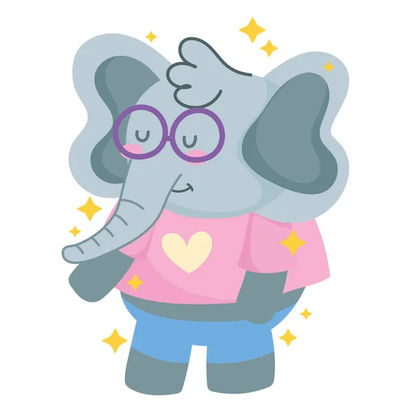 안경과 의복을 갖춘 귀여운 코끼리 만화 — 스톡 벡터