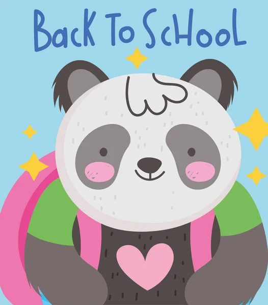 Torna a scuola, panda con zaino e cartoni scritti a mano — Vettoriale Stock