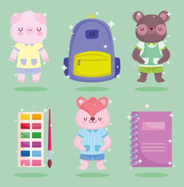 Okula geri döndüm, üniforma kitabı ve palet rengi simgeleri olan sevimli domuz ayısı.