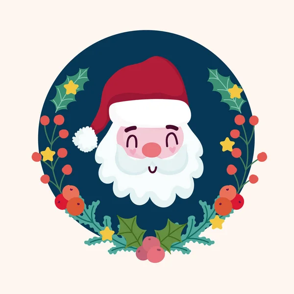 Merry christmas wreath cute santa claus and holly berry — Stock Vector