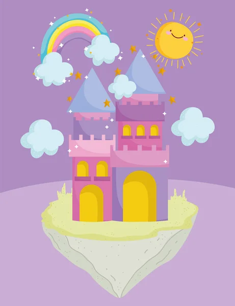 Bonito castelo desenho animado arco-íris nuvens sol sonho magia — Vetor de Stock