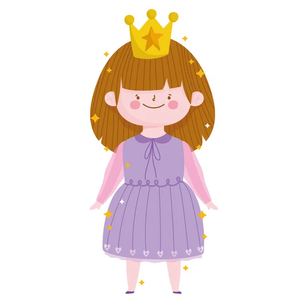 Söt liten prinsessa med krona i lila klänning tecknad på vit bakgrund — Stock vektor