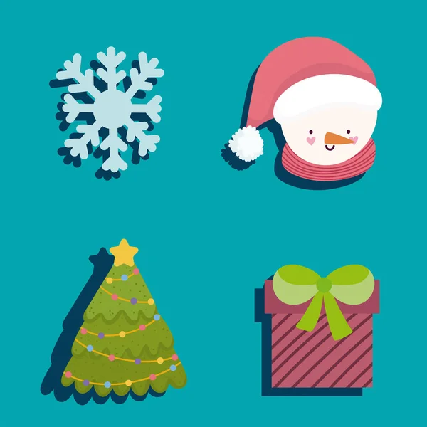 Joyeux noël icônes mis visage bonhomme de neige arbre cadeau et flocon de neige — Image vectorielle