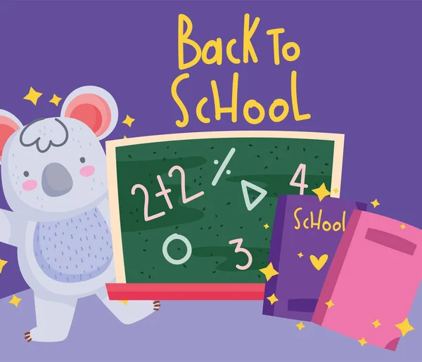 Terug naar school, koala met boeken en schoolbordcartoon — Stockvector